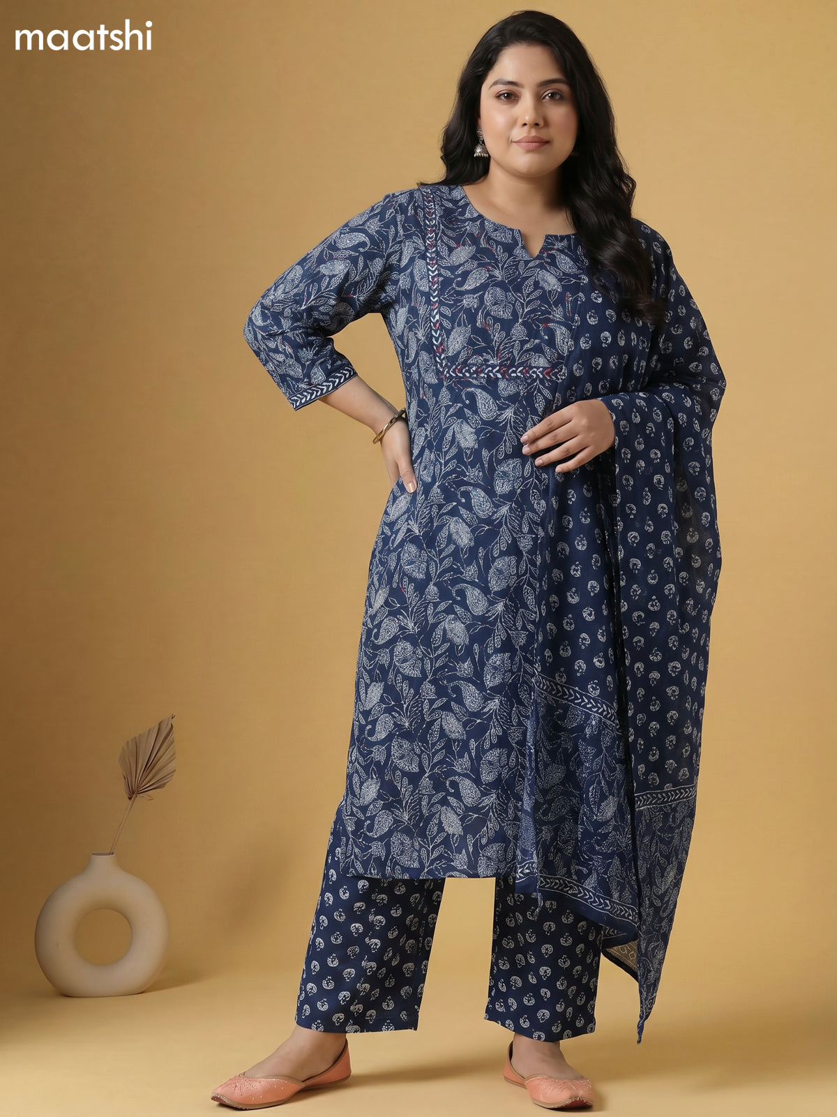 Peacock Blue and Off White Cotton Allover Printed & Simple Mirror Work Straight Suit