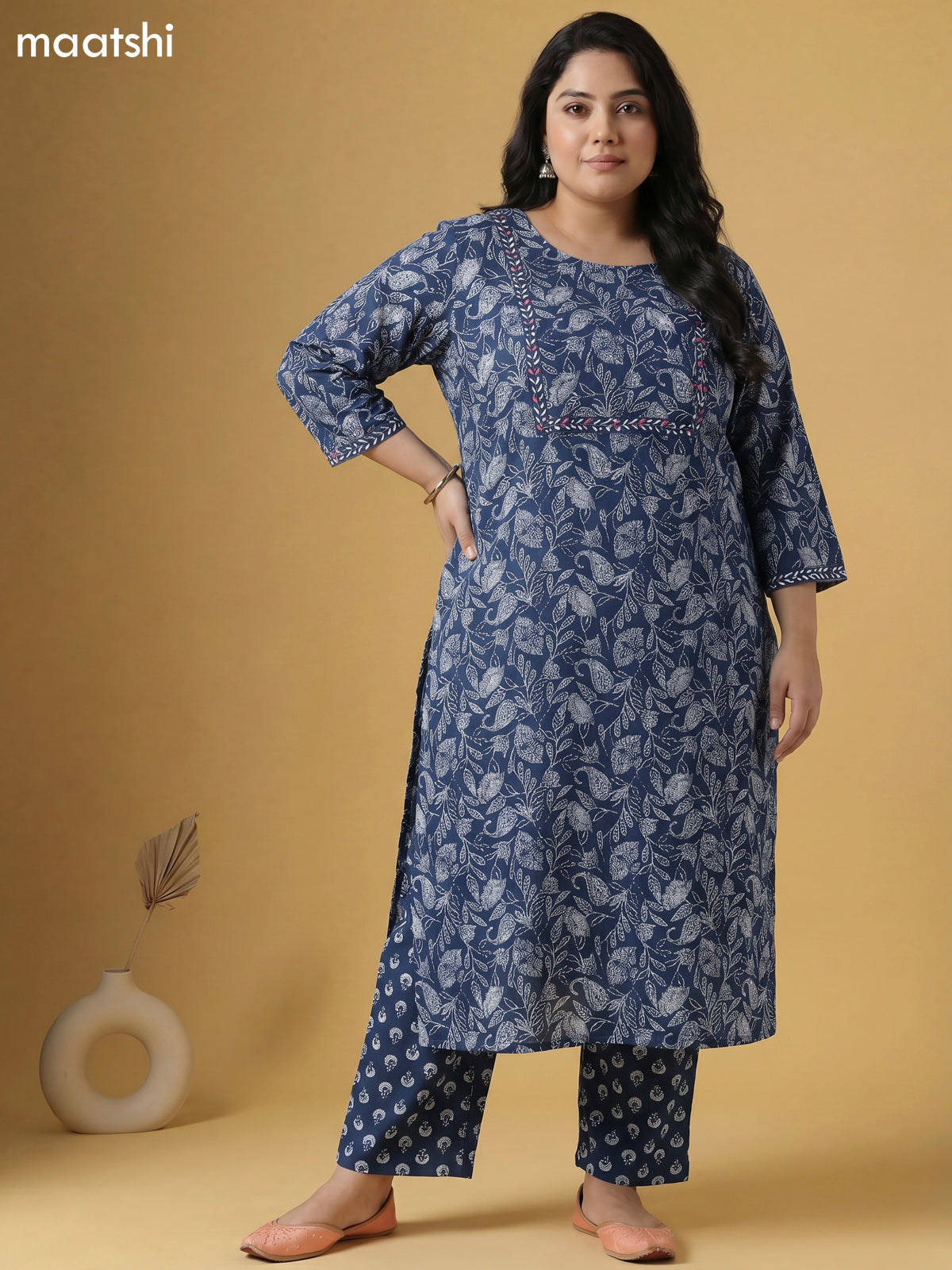 Peacock Blue and Off White Cotton Allover Printed & Simple Mirror Work Straight Suit