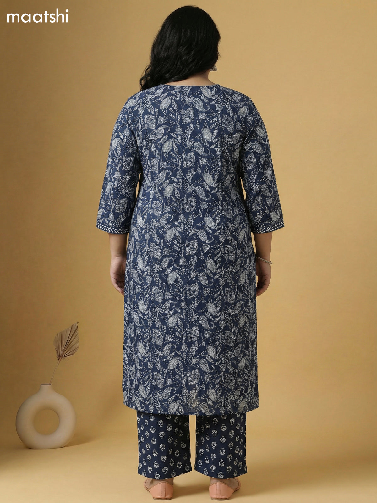 Peacock Blue and Off White Cotton Allover Printed & Simple Mirror Work Straight Suit