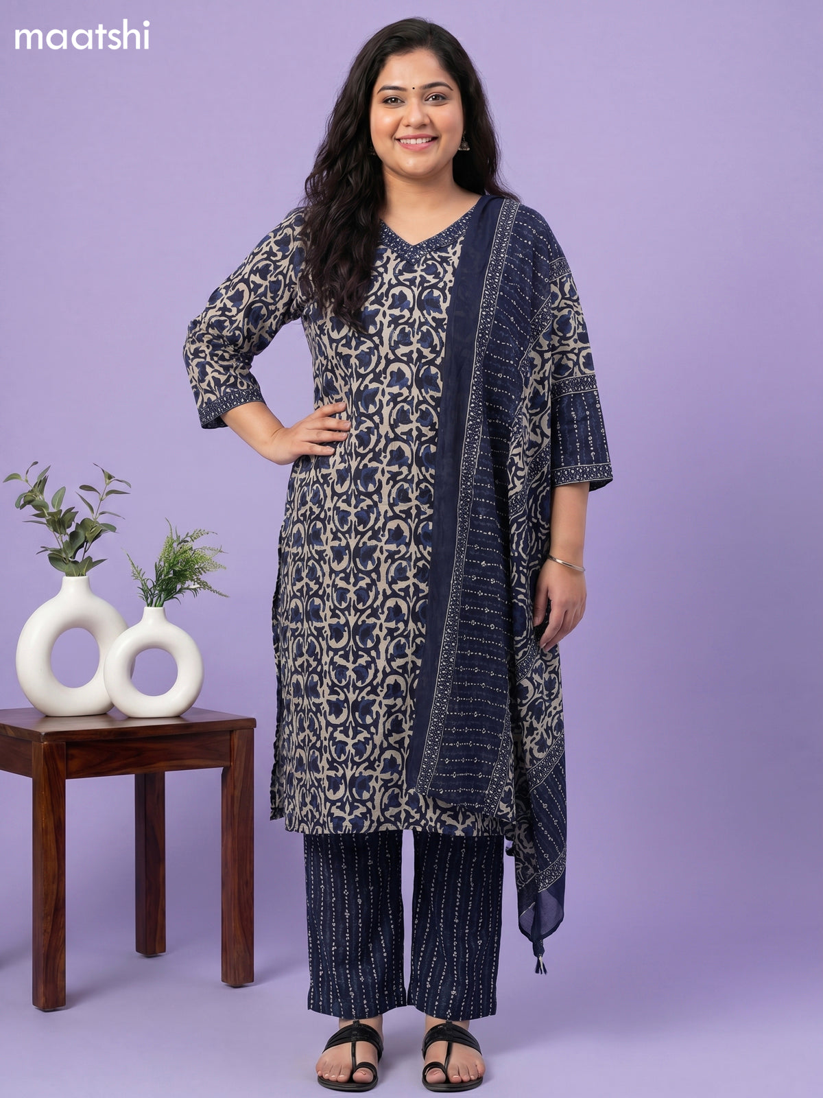 Navy Blue and Beige Cotton Allover Printed & Simple Mirror Work Straight Suit