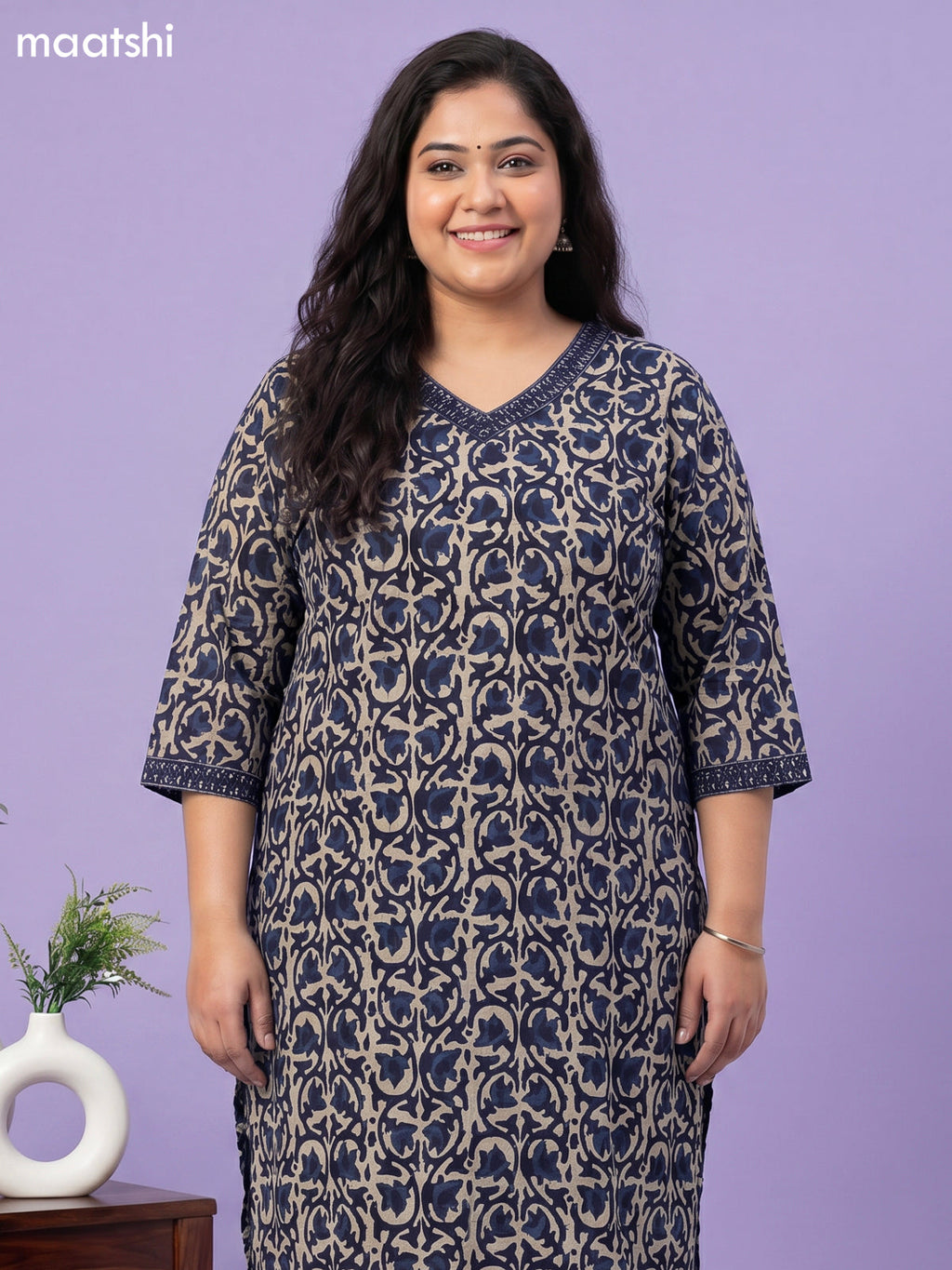 Navy Blue and Beige Cotton Allover Printed & Simple Mirror Work Straight Suit