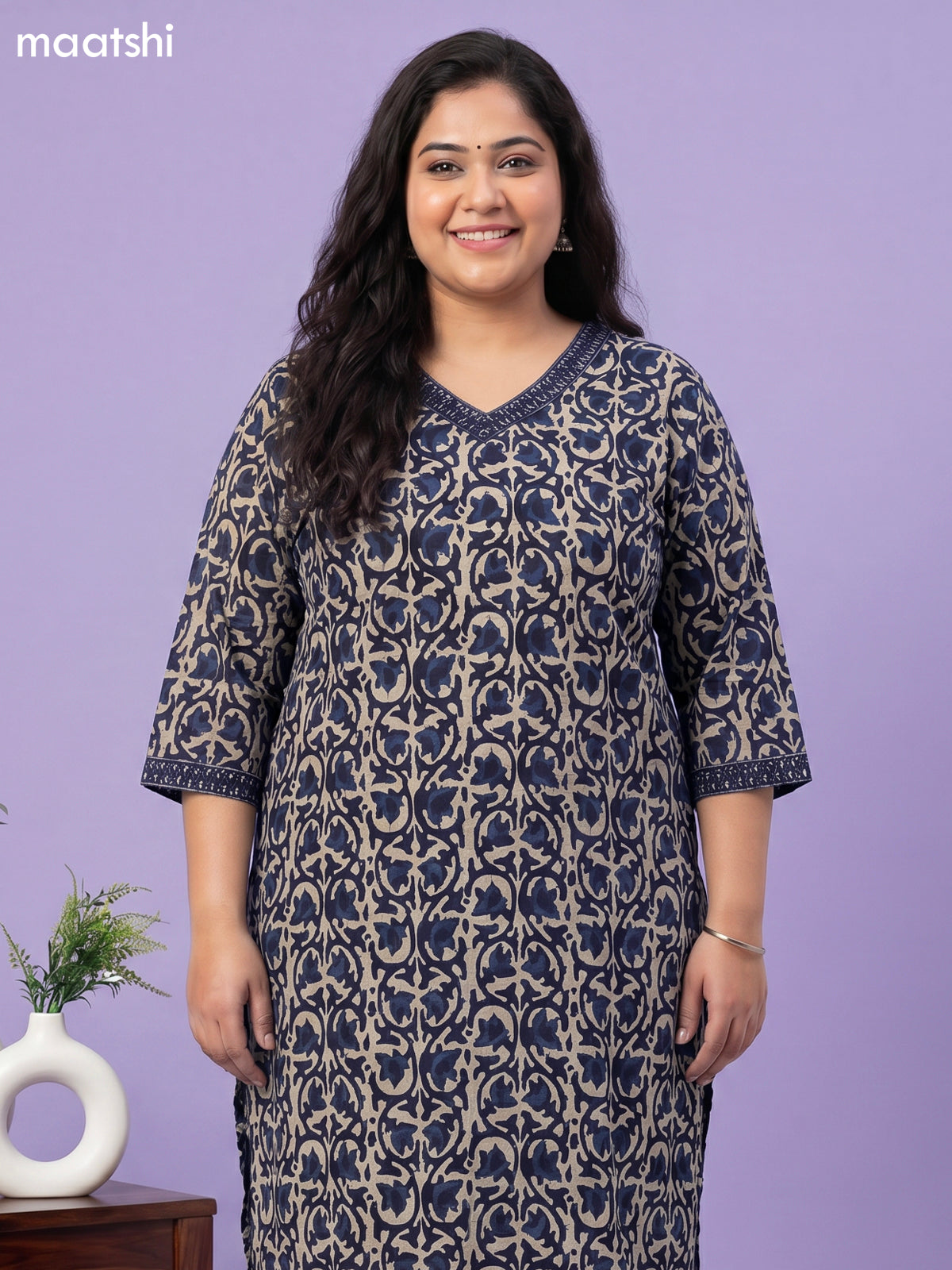 Navy Blue and Beige Cotton Allover Printed & Simple Mirror Work Straight Suit
