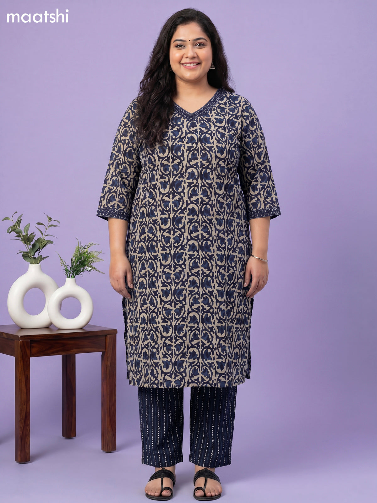 Navy Blue and Beige Cotton Allover Printed & Simple Mirror Work Straight Suit