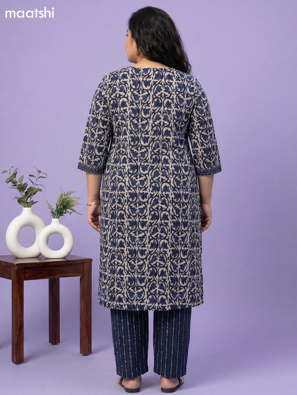Navy Blue and Beige Cotton Allover Printed & Simple Mirror Work Straight Suit