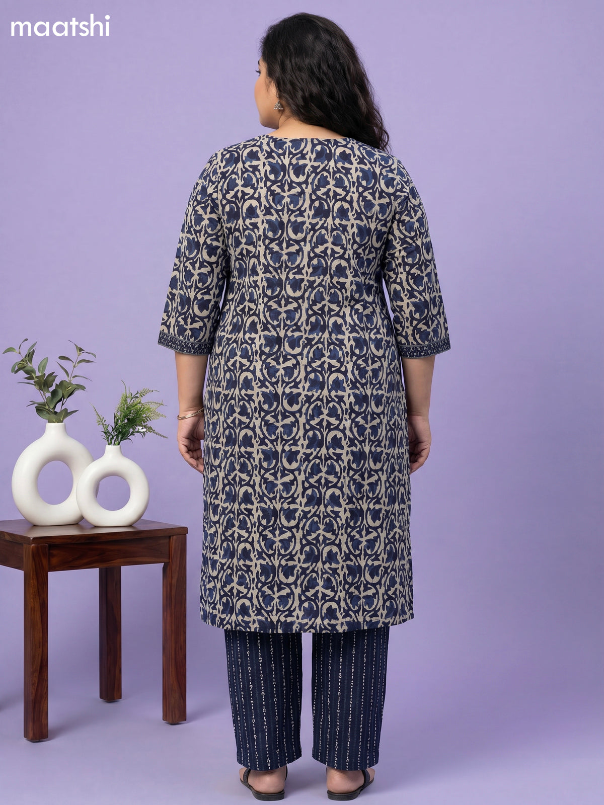 Navy Blue and Beige Cotton Allover Printed & Simple Mirror Work Straight Suit