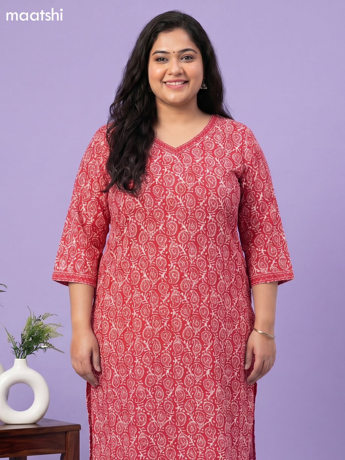 Red and Off White Cotton Batik Printed Straight Suit