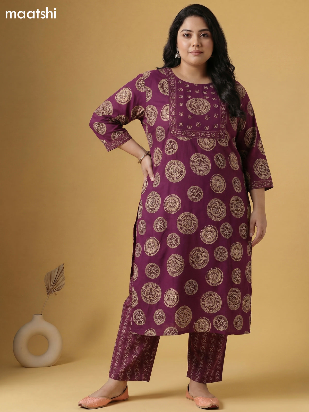 Magenta Pink and Beige Cotton Printed Straight Suit