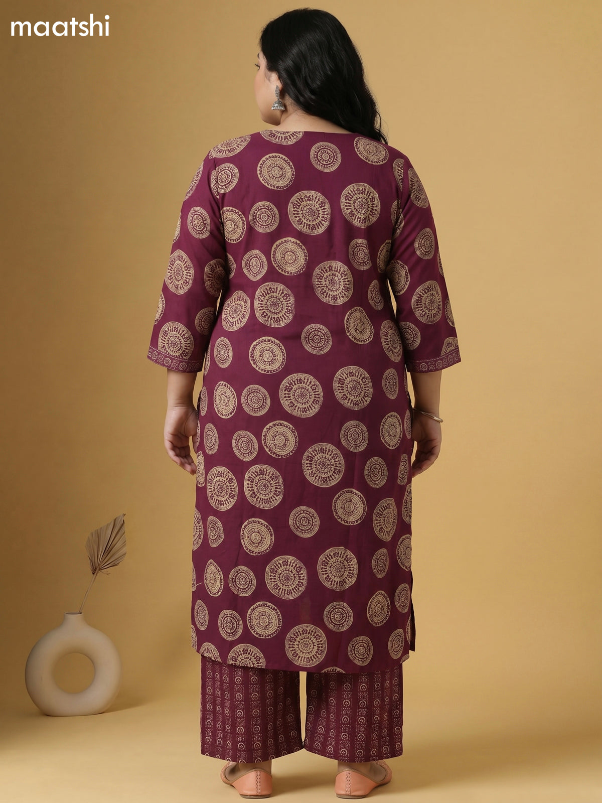 Magenta Pink and Beige Cotton Printed Straight Suit