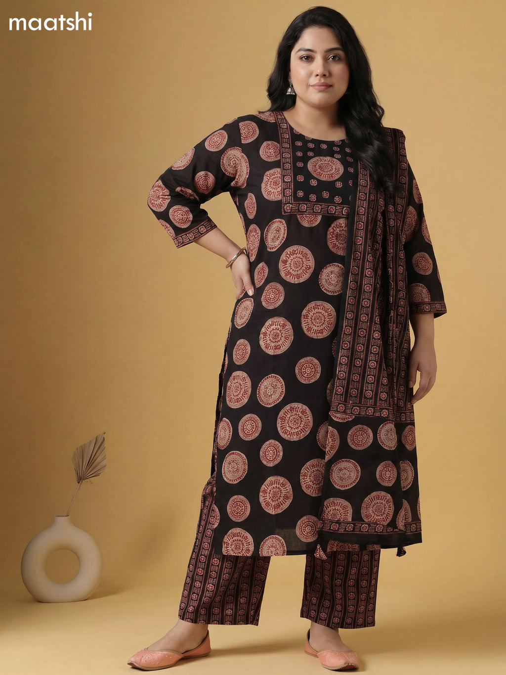 Black and Maroon,Beige Cotton Printed Straight Suit