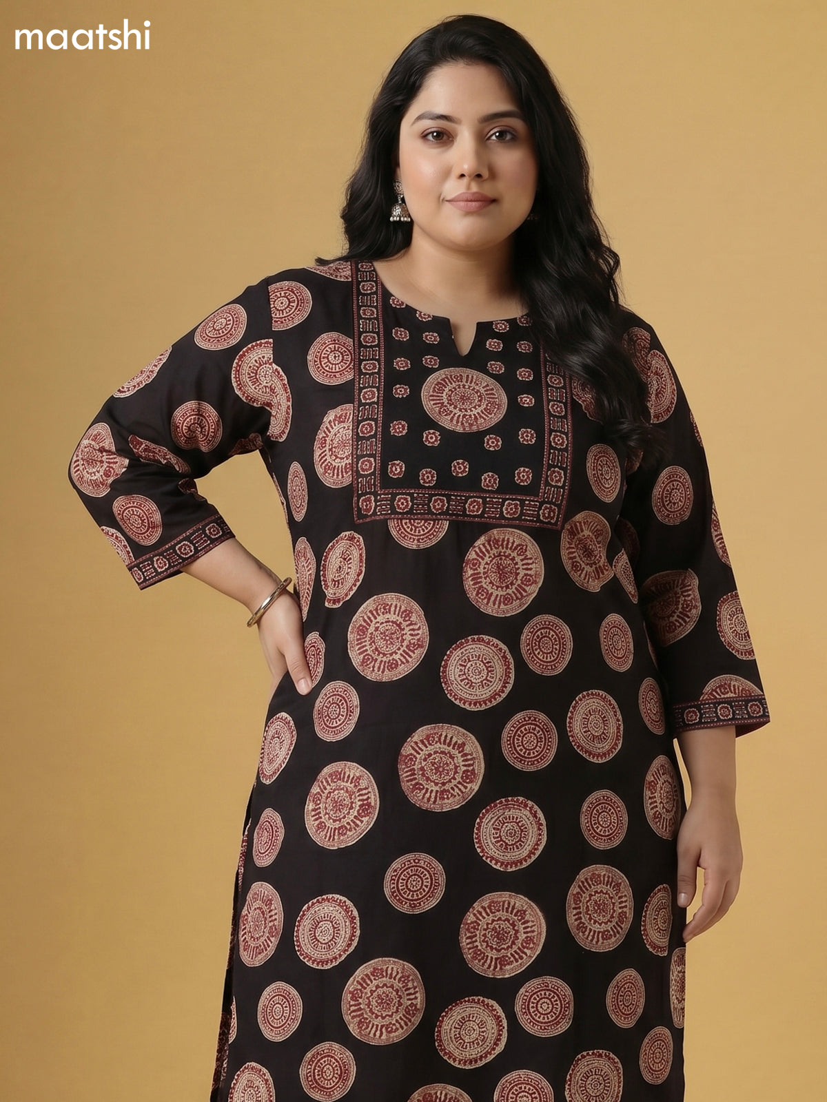 Black and Maroon,Beige Cotton Printed Straight Suit