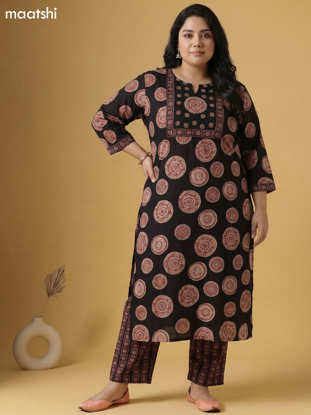 Black and Maroon,Beige Cotton Printed Straight Suit