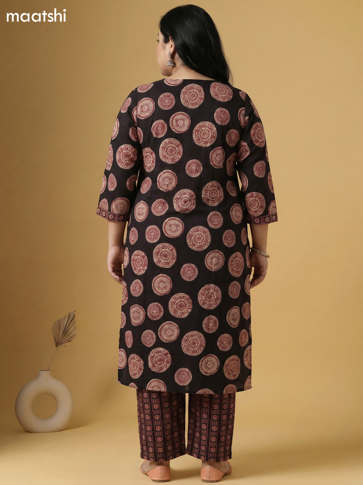 Black and Maroon,Beige Cotton Printed Straight Suit
