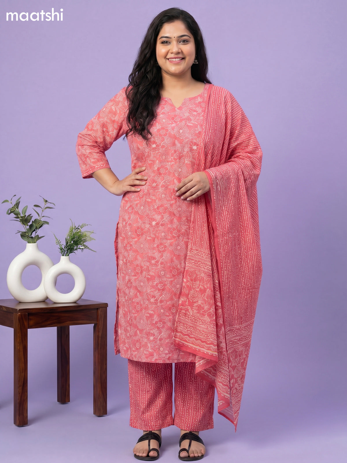 Peach Pink Cotton Printed Straight Suit