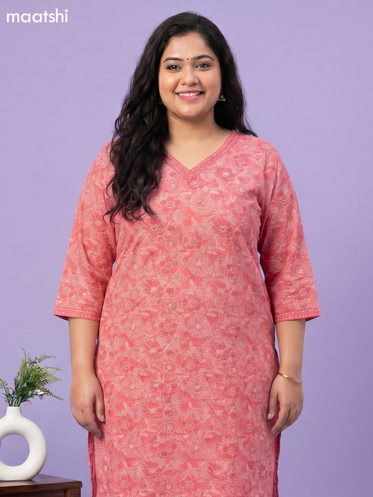 Peach Pink Cotton Printed Straight Suit
