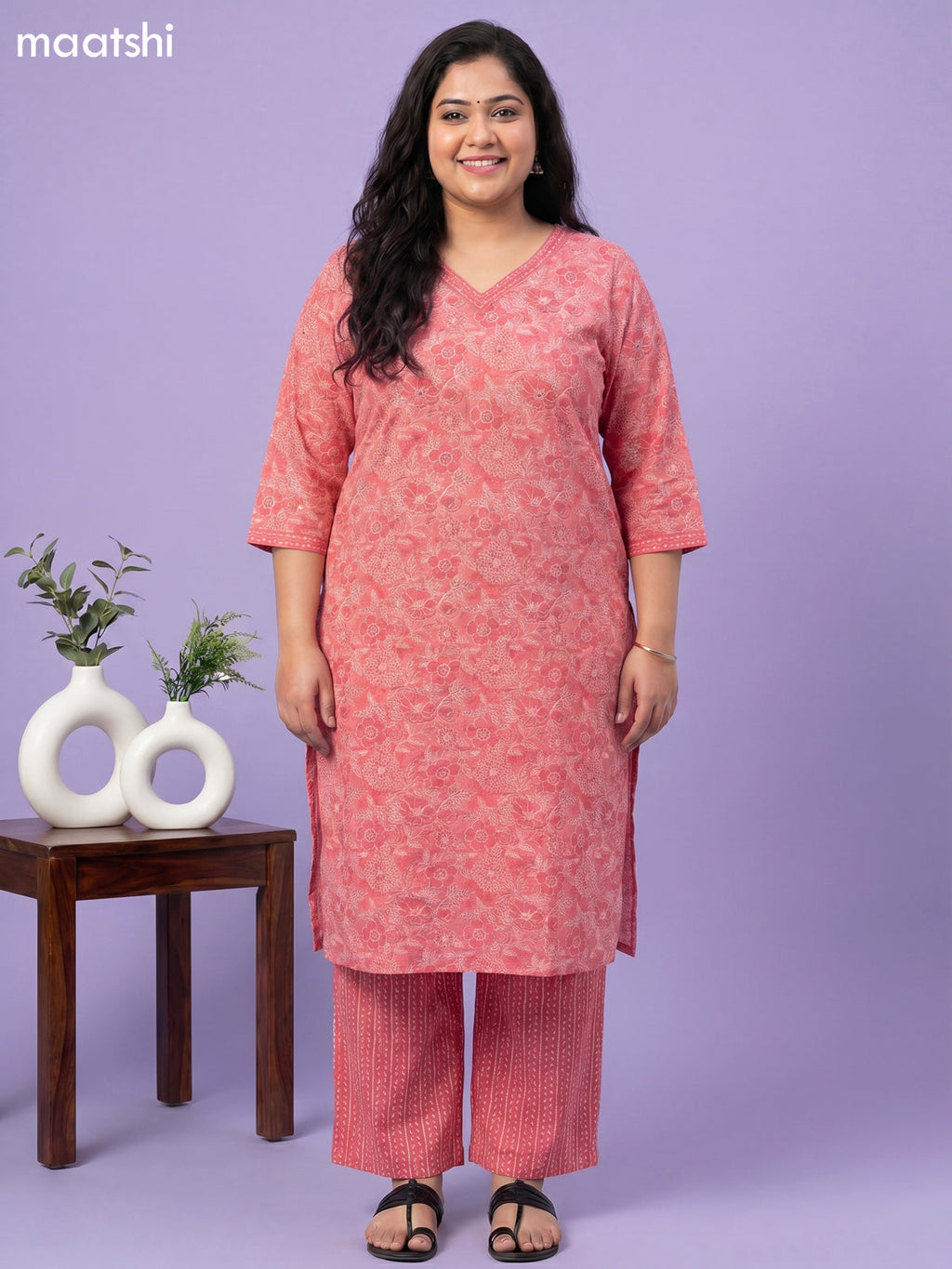 Peach Pink Cotton Printed Straight Suit