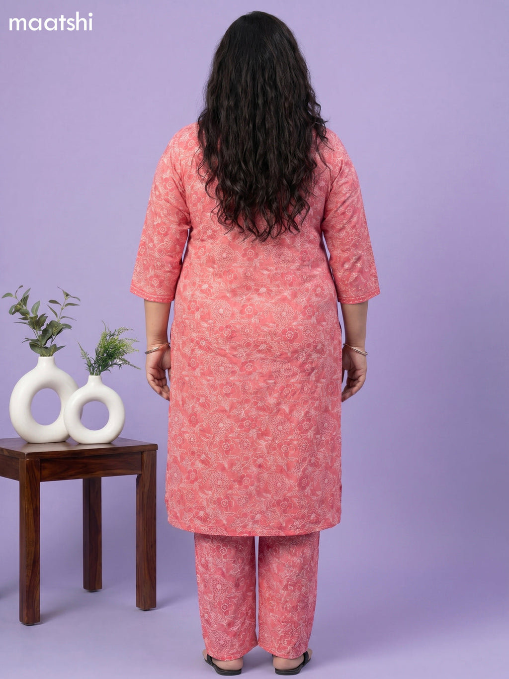 Peach Pink Cotton Printed Straight Suit