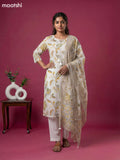 Off White and Grey & Yellow Cotton Printed & Simple Mirror Work Straight Suit
