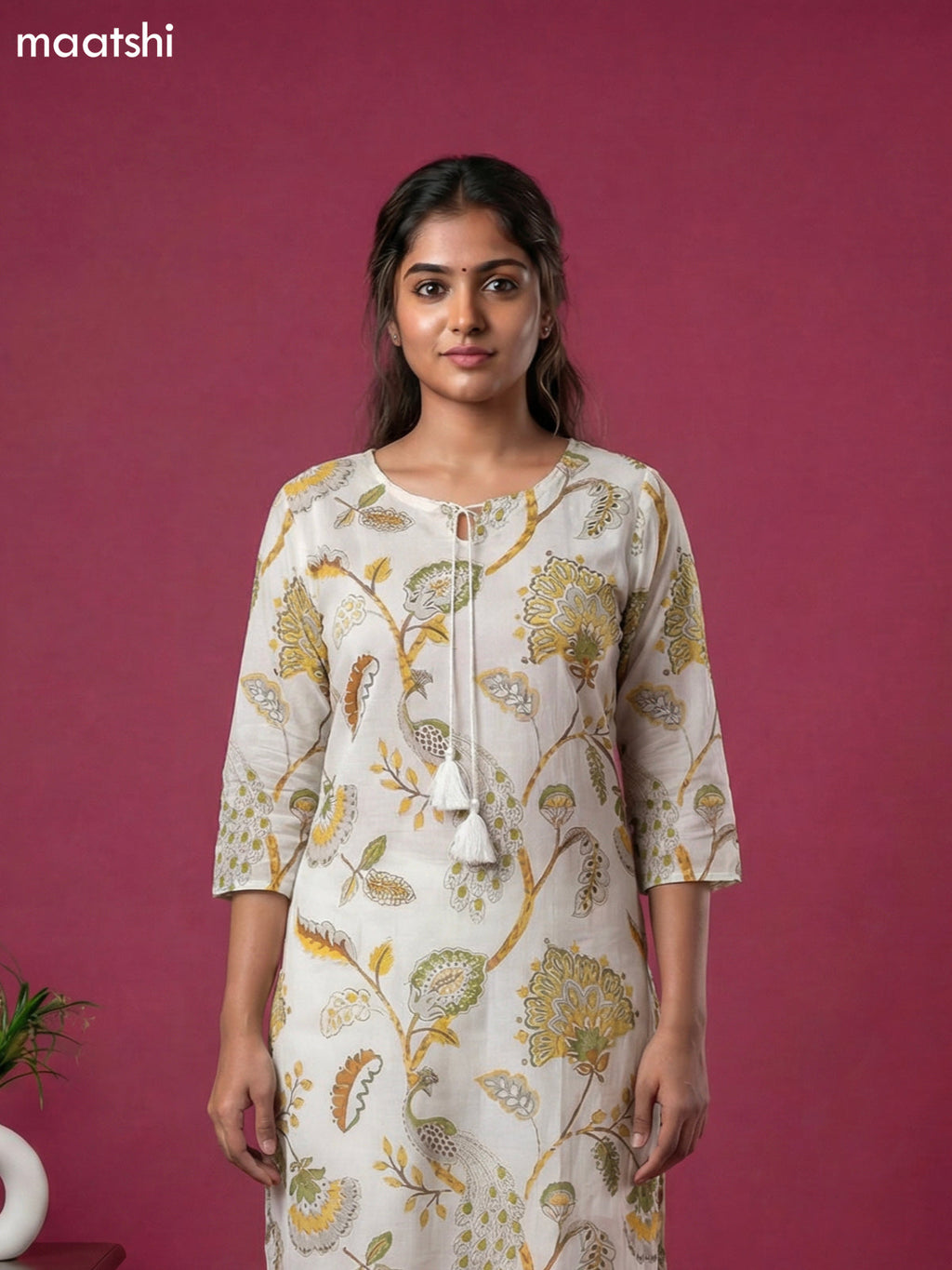 Off White and Grey & Yellow Cotton Printed & Simple Mirror Work Straight Suit