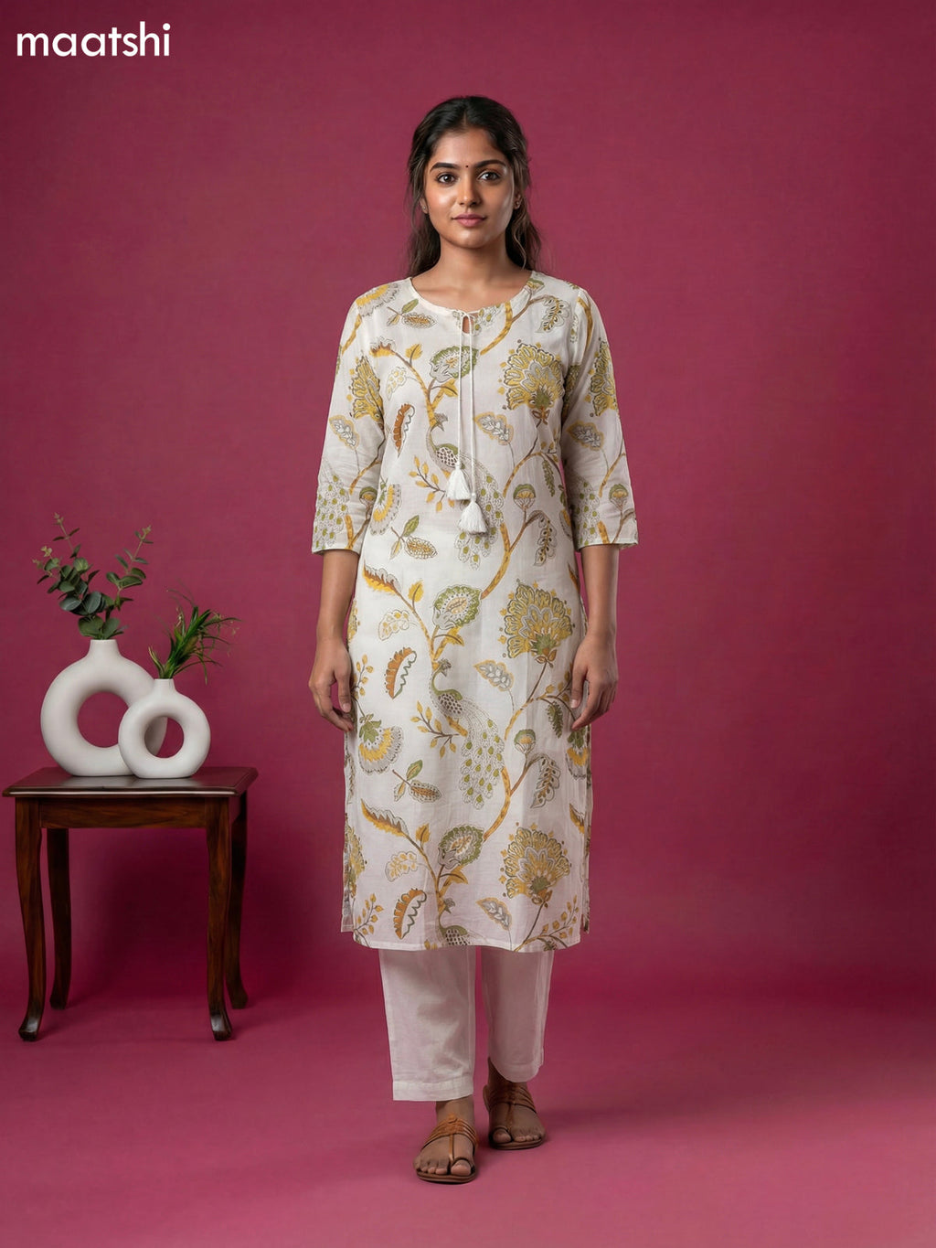 Off White and Grey & Yellow Cotton Printed & Simple Mirror Work Straight Suit