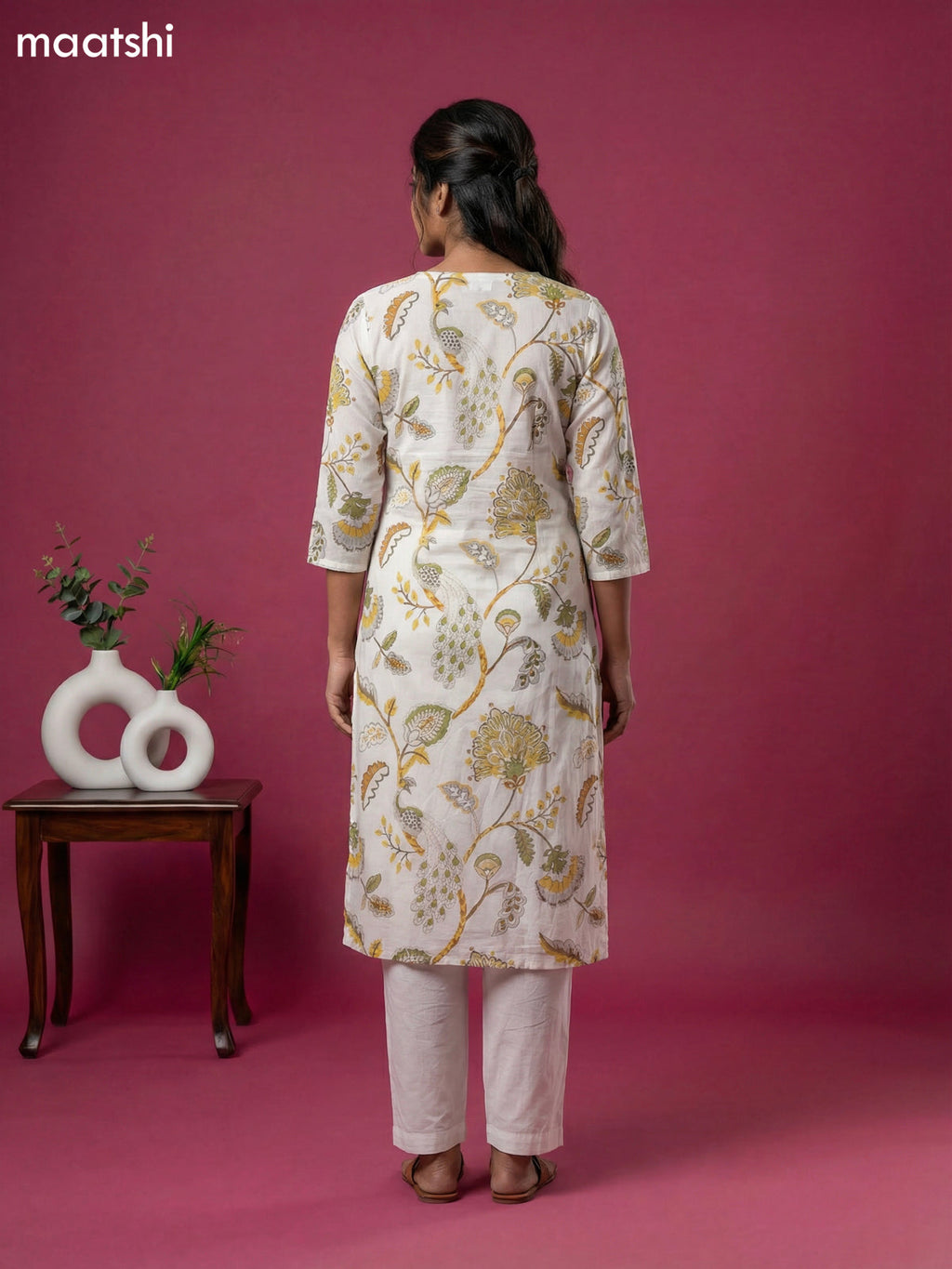 Off White and Grey & Yellow Cotton Printed & Simple Mirror Work Straight Suit
