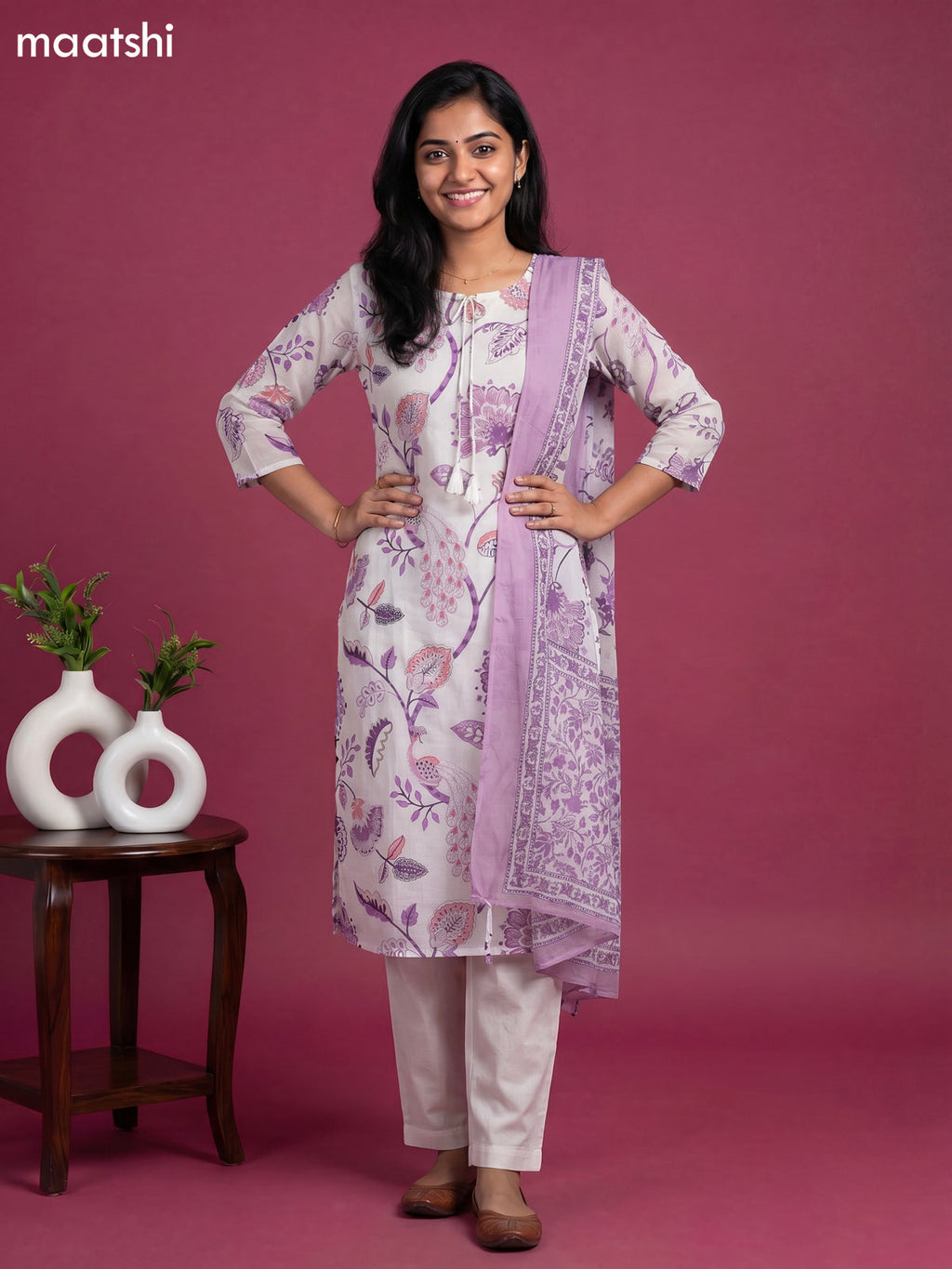 Off White and Lavender Cotton Printed & Simple Mirror Work Straight Suit