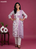 Off White and Lavender Cotton Printed & Simple Mirror Work Straight Suit