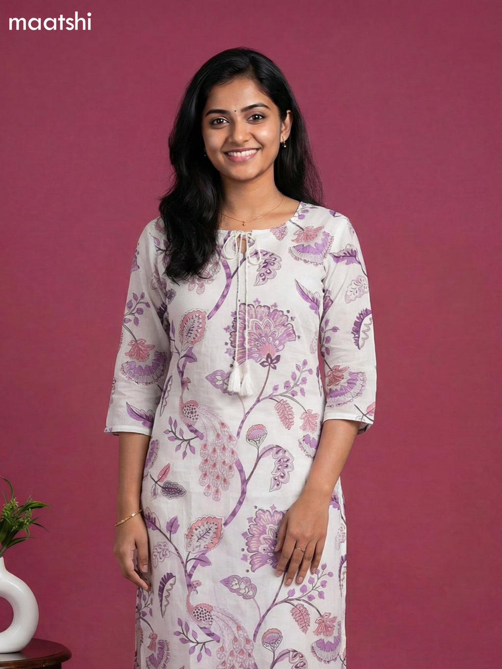 Off White and Lavender Cotton Printed & Simple Mirror Work Straight Suit