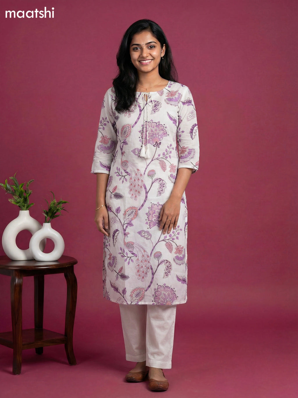 Off White and Lavender Cotton Printed & Simple Mirror Work Straight Suit