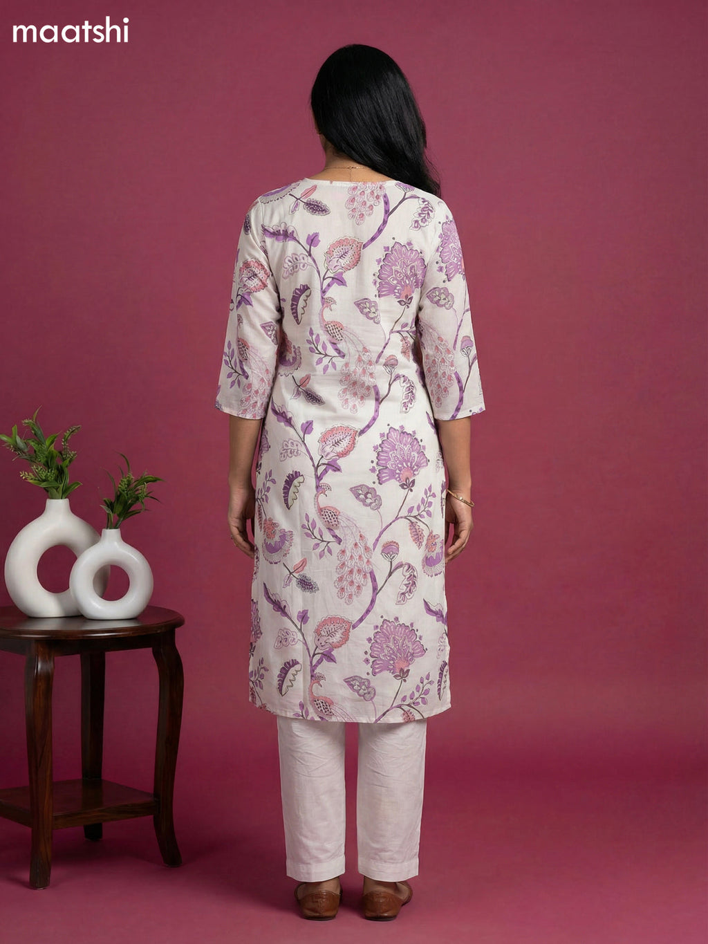 Off White and Lavender Cotton Printed & Simple Mirror Work Straight Suit