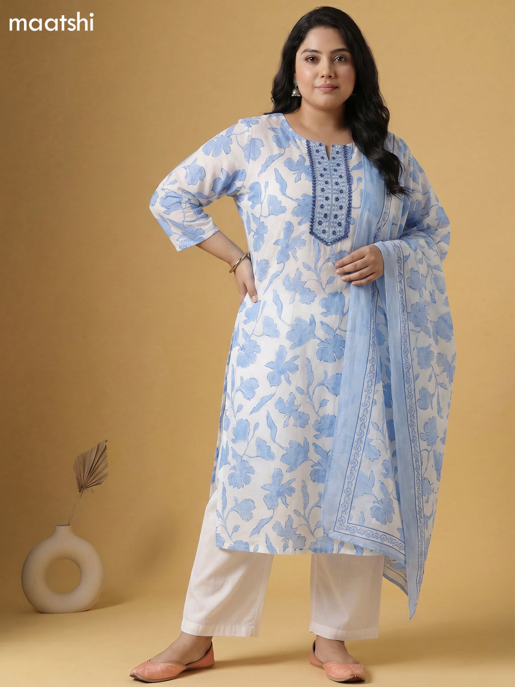 Off White and Light Blue Cotton Printed & Simple Embroidery Work Straight Suit