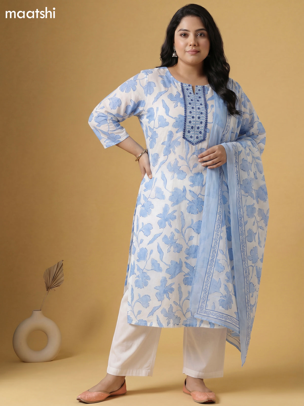 Off White and Light Blue Cotton Printed & Simple Embroidery Work Straight Suit