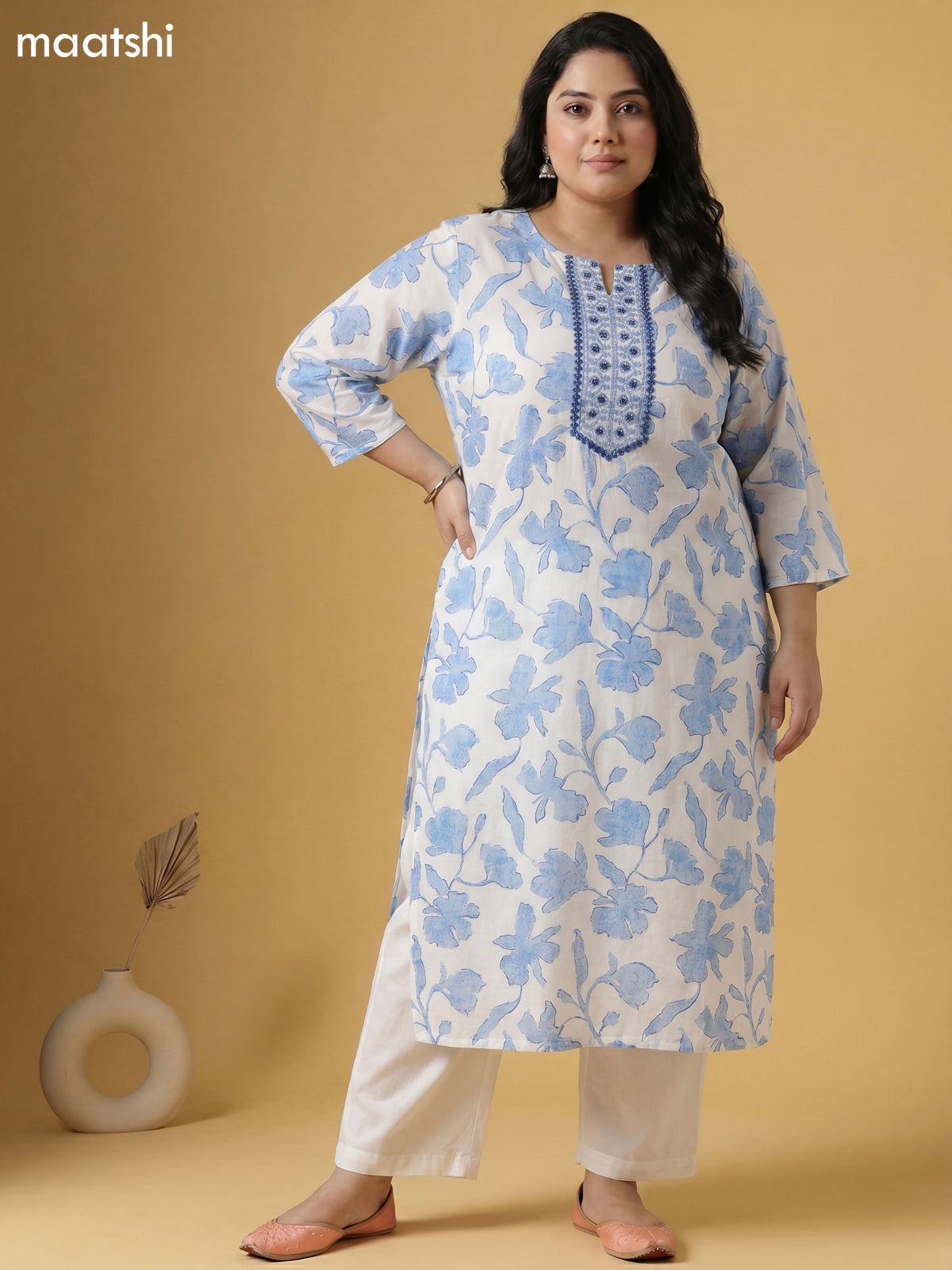 Off White and Light Blue Cotton Printed & Simple Embroidery Work Straight Suit