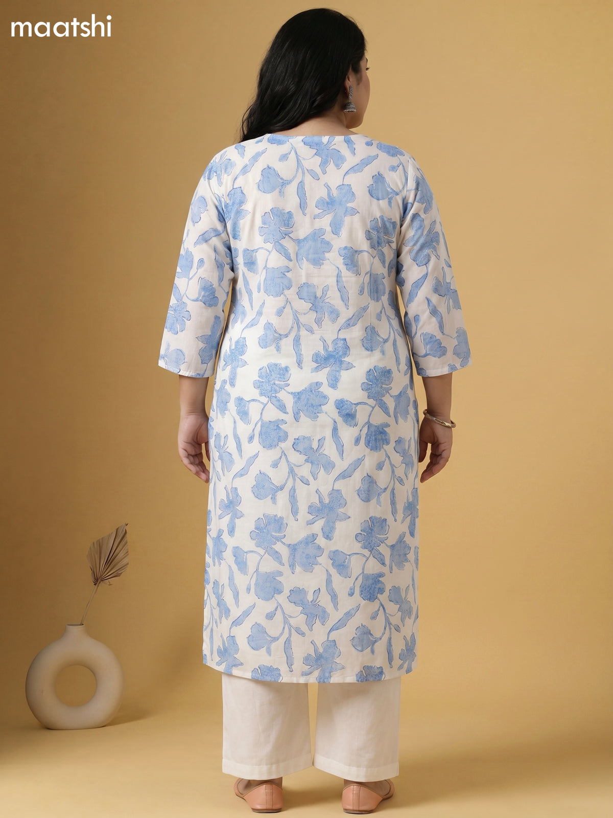 Off White and Light Blue Cotton Printed & Simple Embroidery Work Straight Suit
