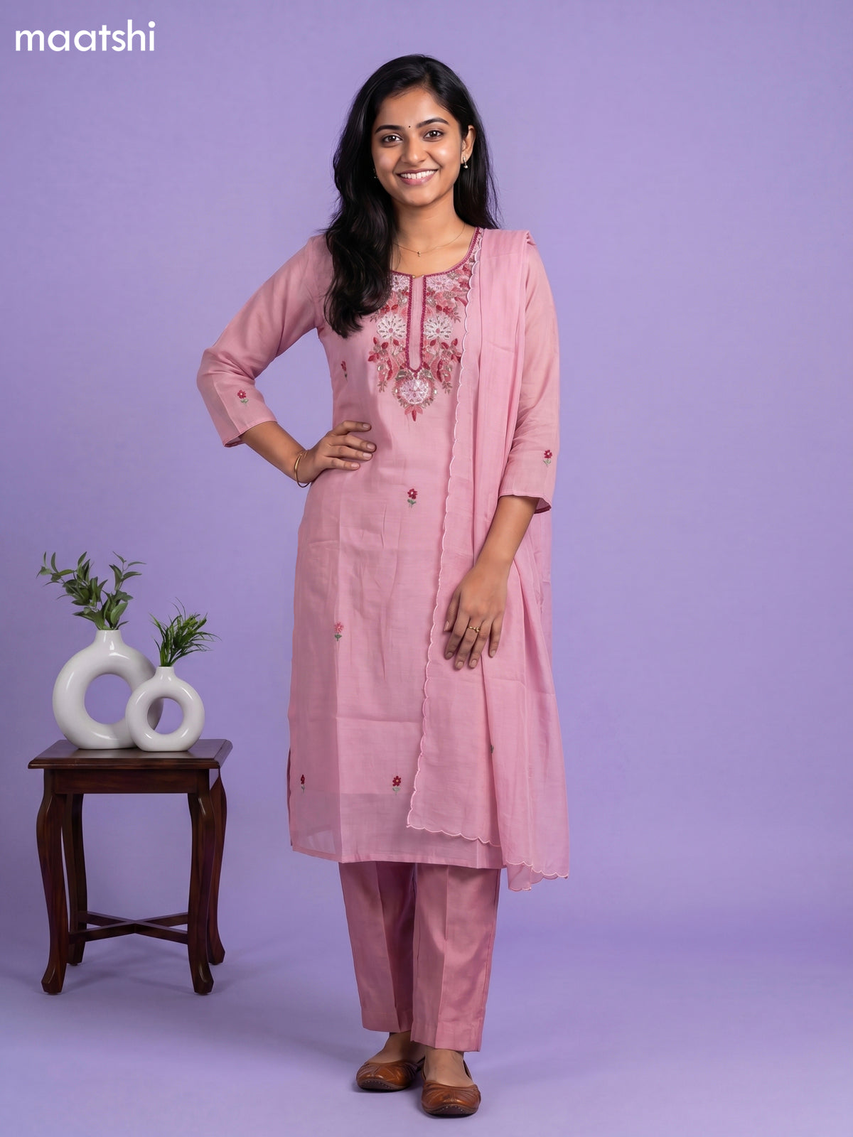 Onion Pink Chanderi Thread Buttas & Embroidery Work Straight Suit