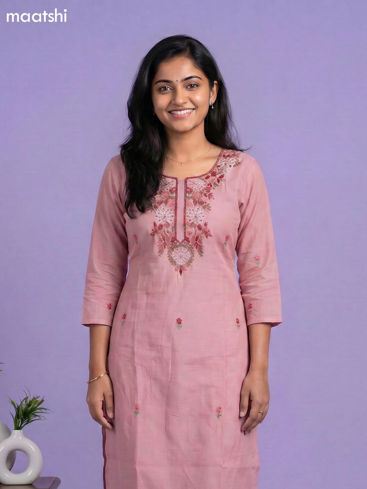 Onion Pink Chanderi Thread Buttas & Embroidery Work Straight Suit