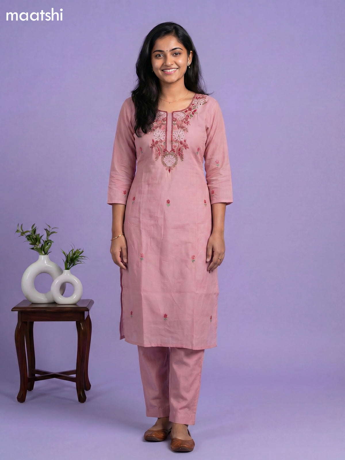 Onion Pink Chanderi Thread Buttas & Embroidery Work Straight Suit