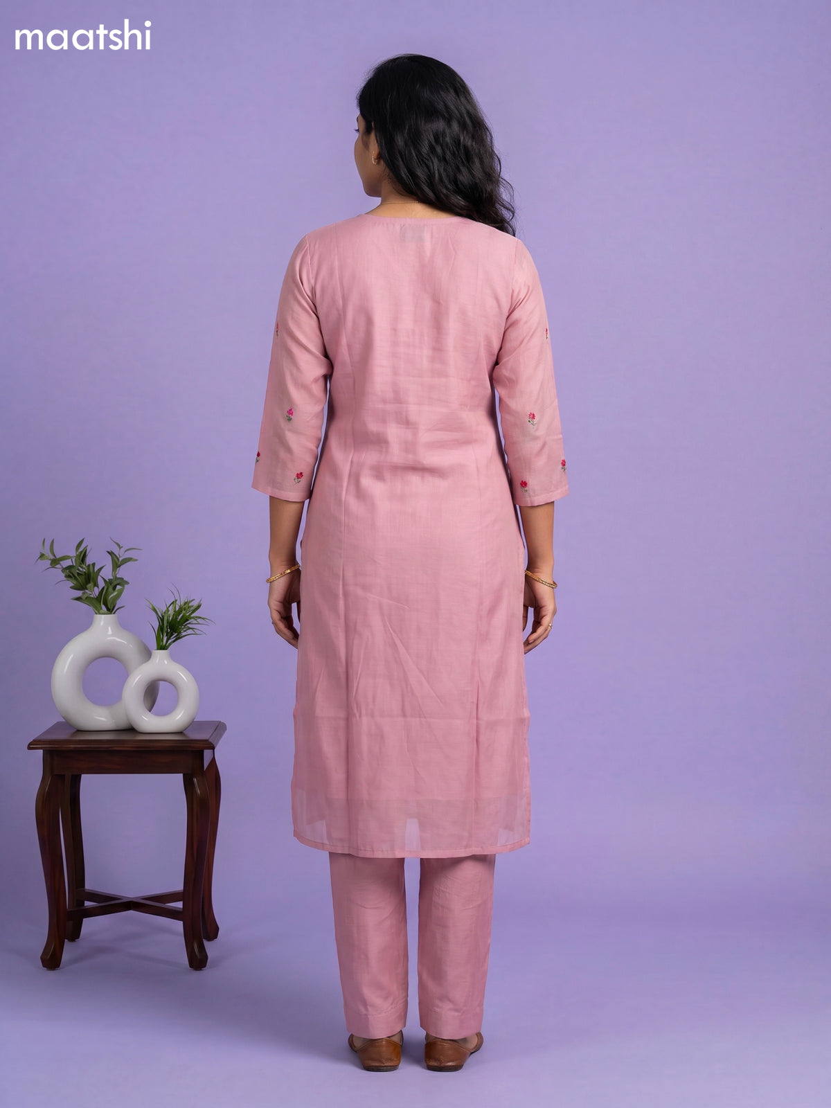 Onion Pink Chanderi Thread Buttas & Embroidery Work Straight Suit
