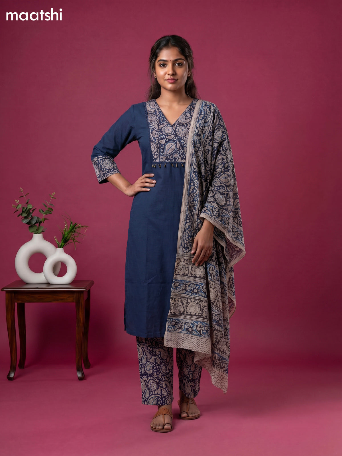Peacock Blue and Beige Cotton Kalamkari Printed Straight Suit