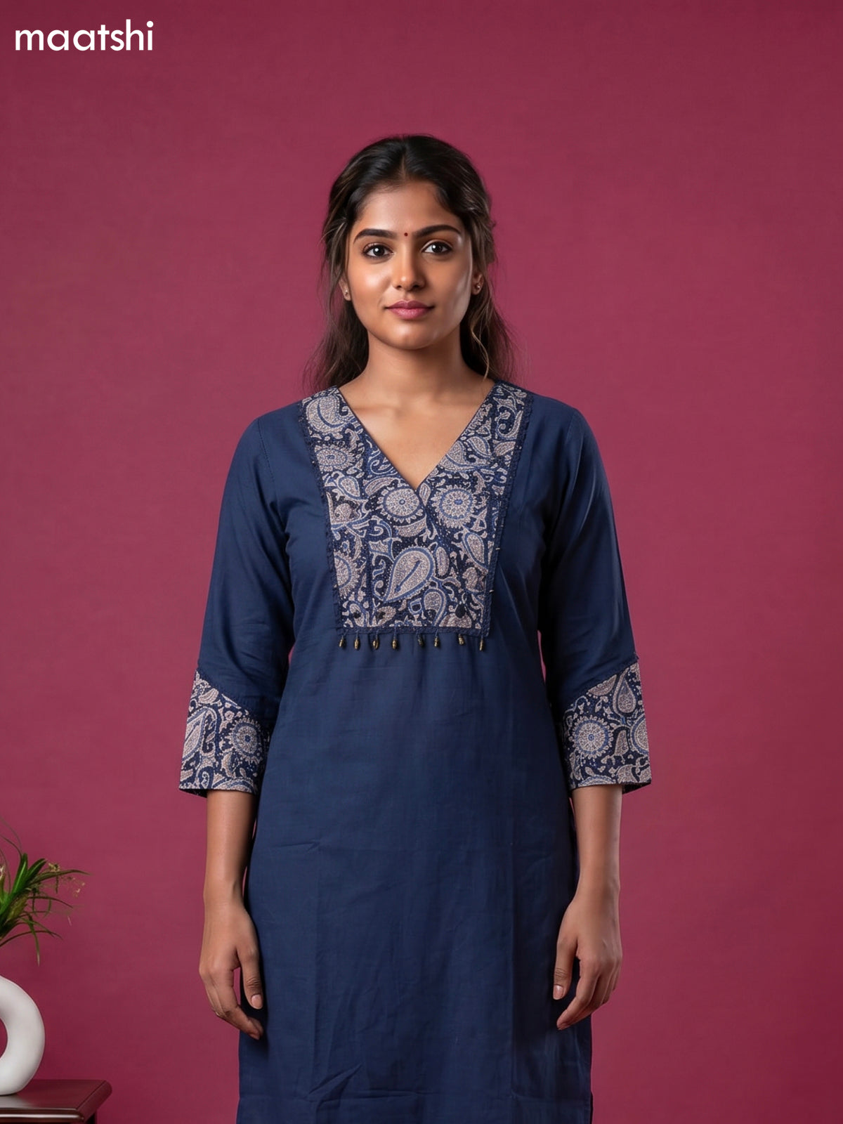 Peacock Blue and Beige Cotton Kalamkari Printed Straight Suit