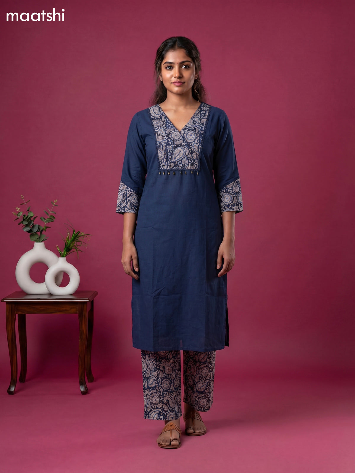 Peacock Blue and Beige Cotton Kalamkari Printed Straight Suit