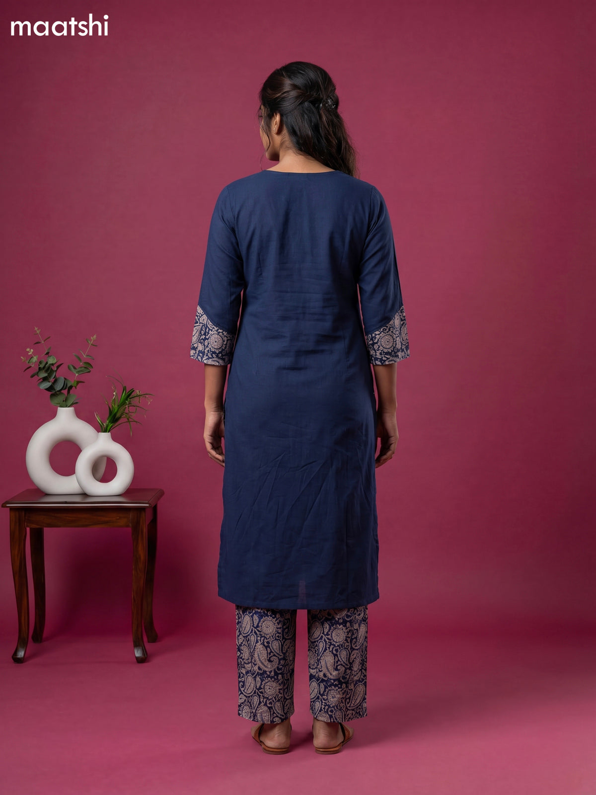 Peacock Blue and Beige Cotton Kalamkari Printed Straight Suit