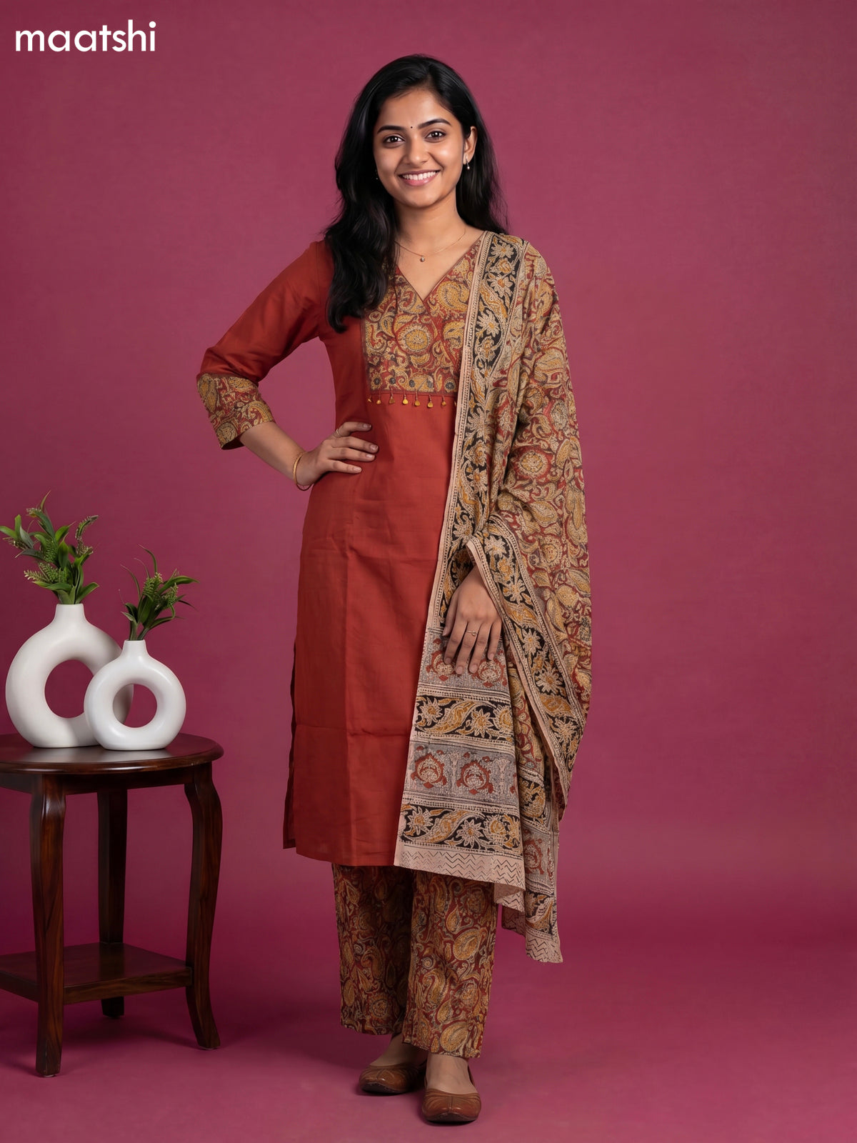 Rust Orange and Beige Cotton Kalamkari Printed Straight Suit