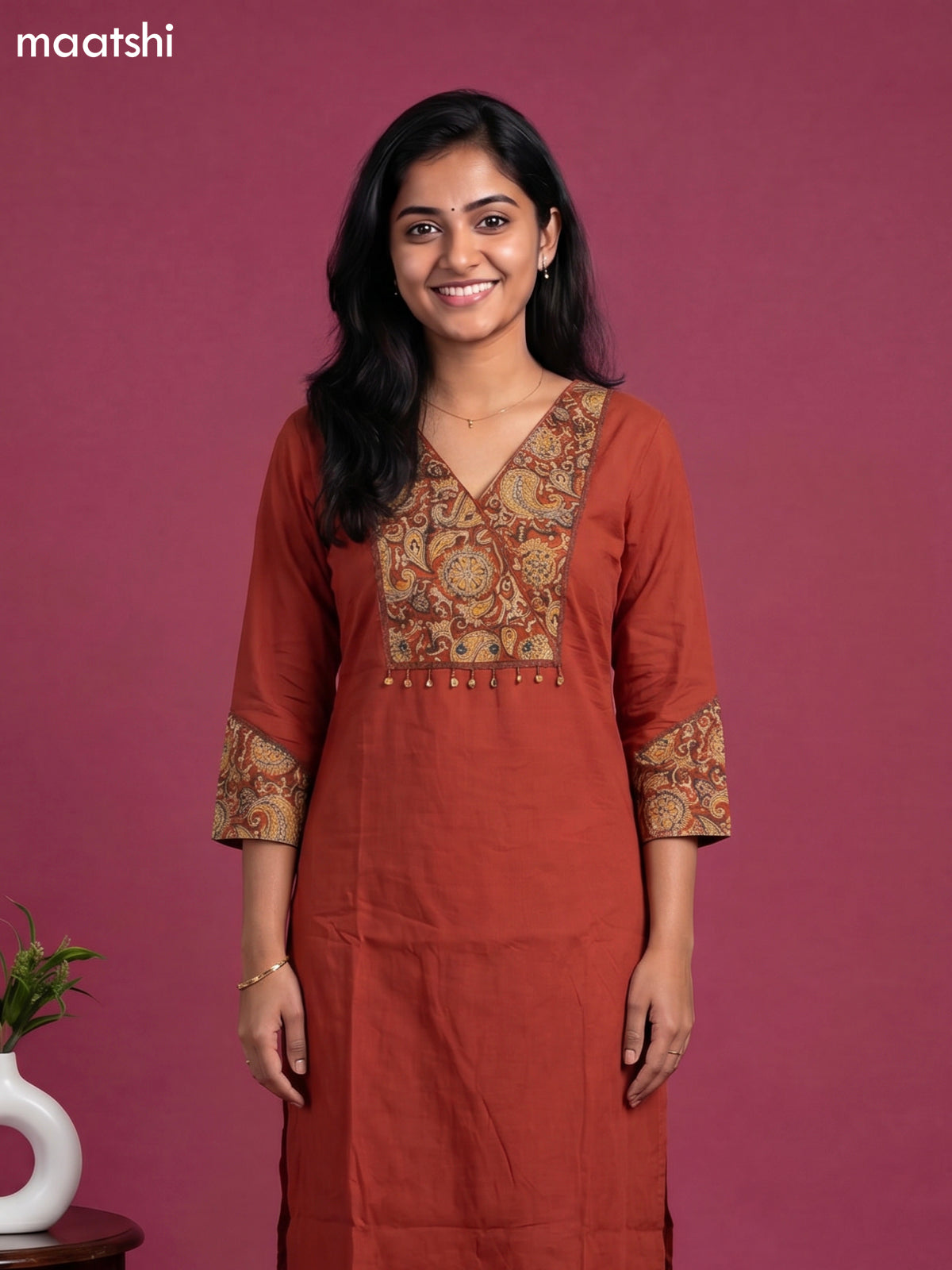 Rust Orange and Beige Cotton Kalamkari Printed Straight Suit