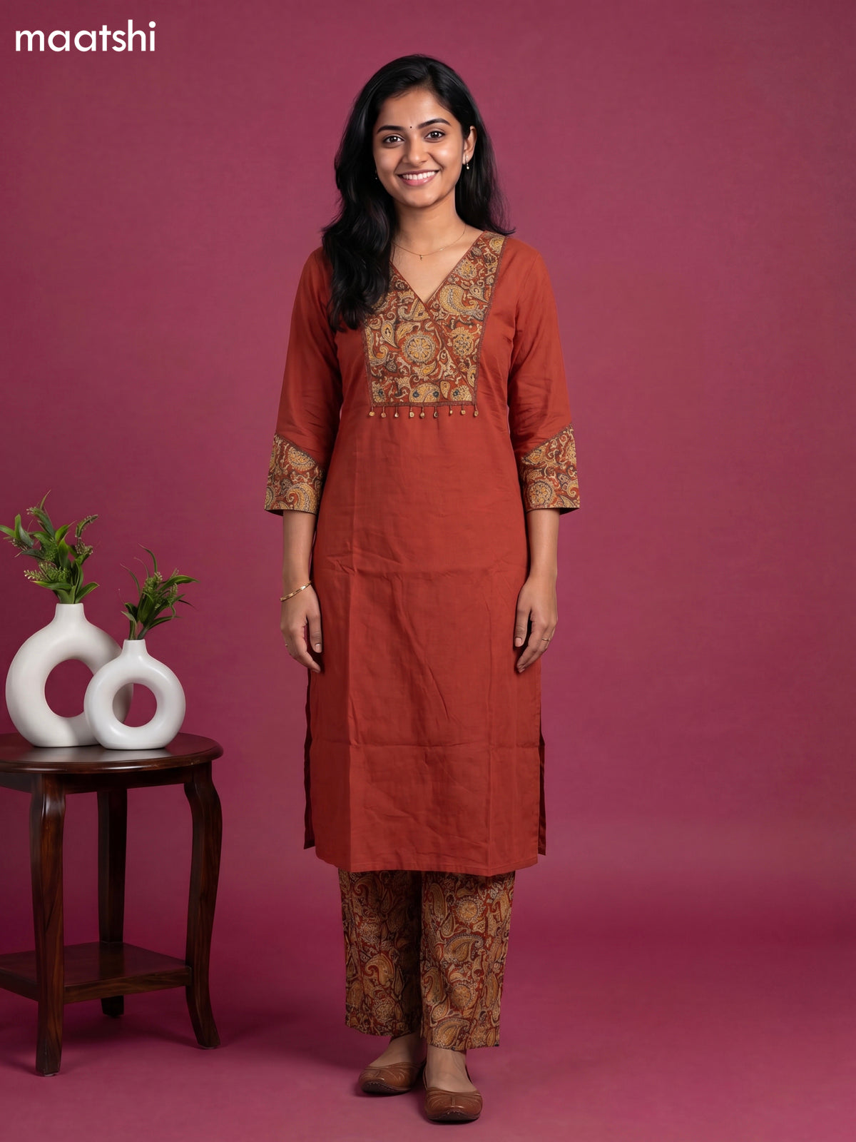 Rust Orange and Beige Cotton Kalamkari Printed Straight Suit