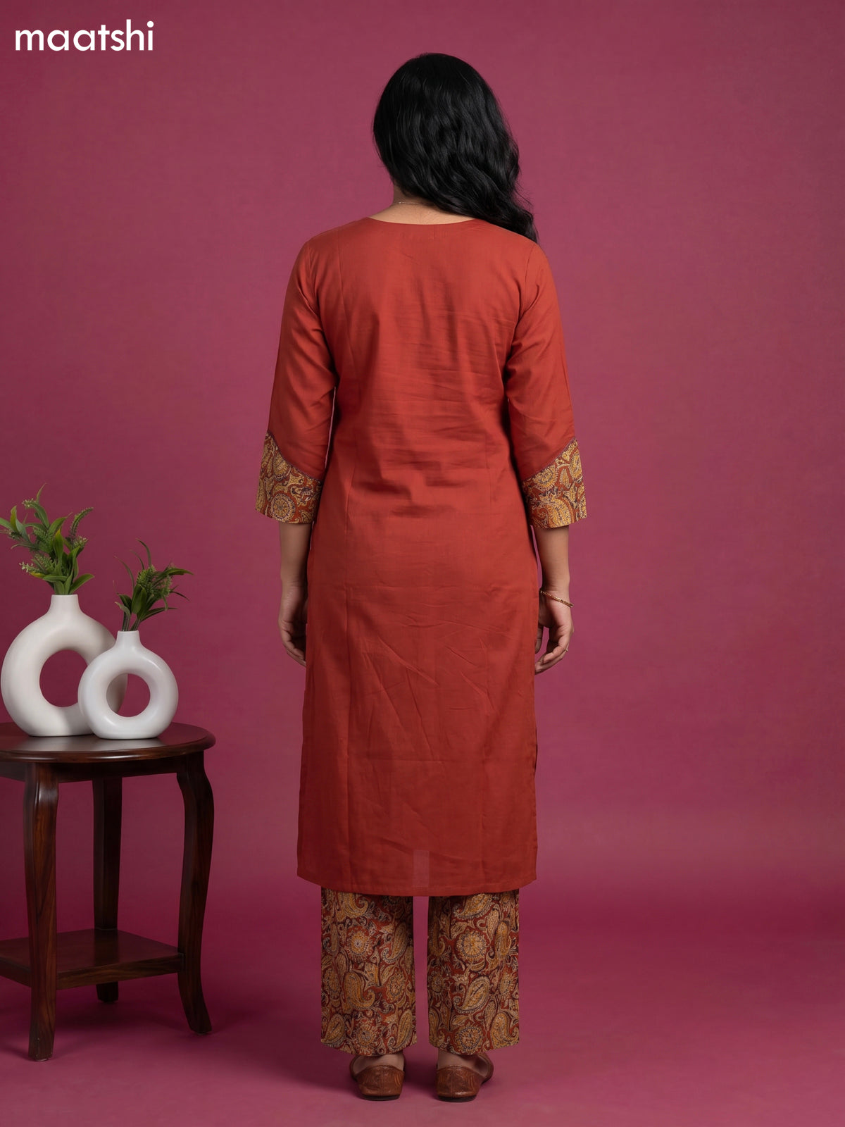 Rust Orange and Beige Cotton Kalamkari Printed Straight Suit