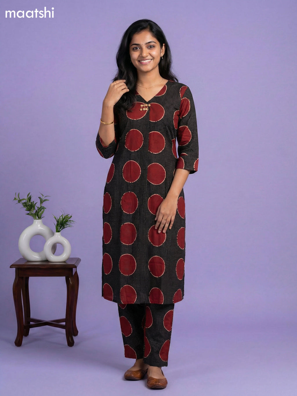 Black and Maroon Cotton Printed Co-Ord Set
