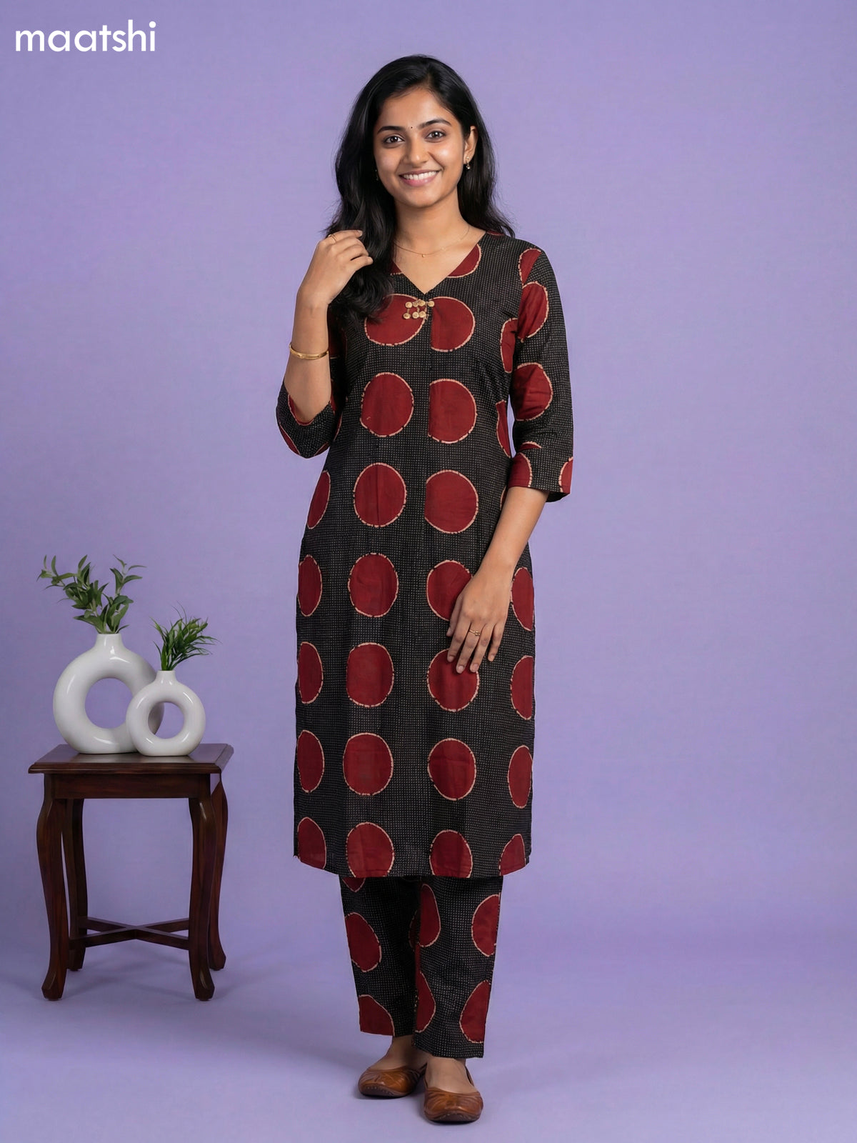 Black and Maroon Cotton Printed Co-Ord Set