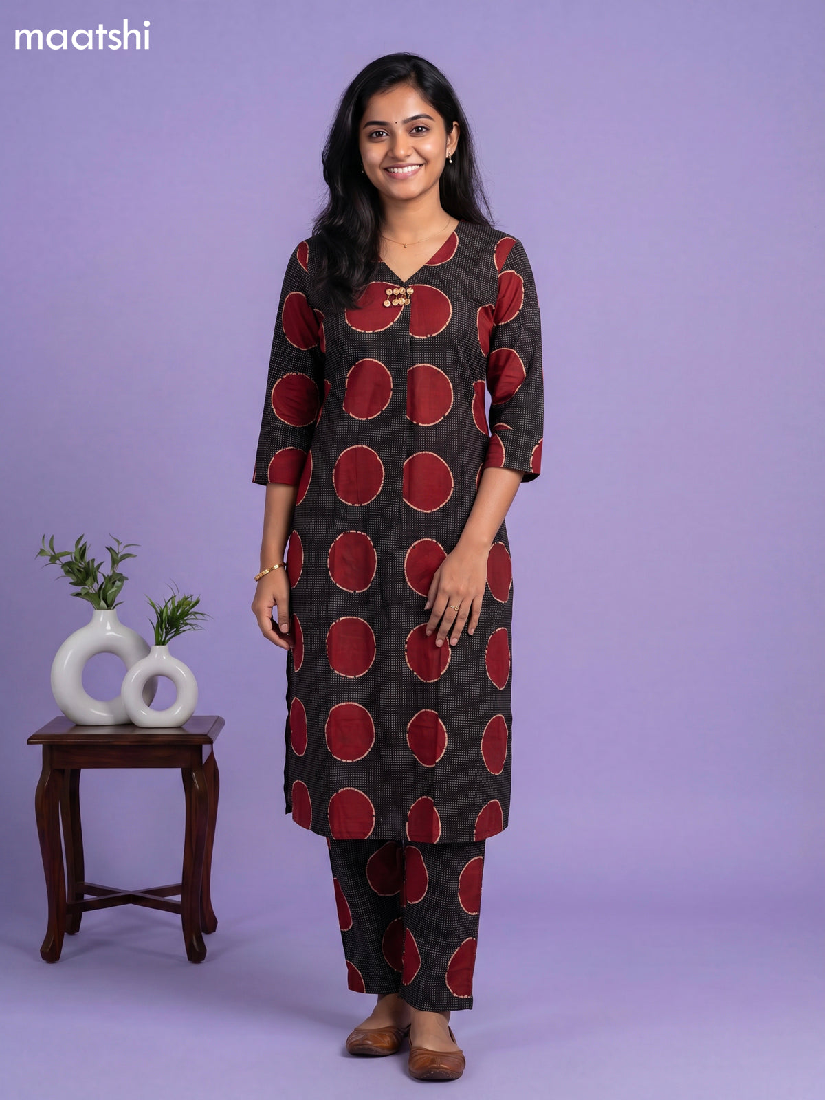 Black and Maroon Cotton Printed Co-Ord Set