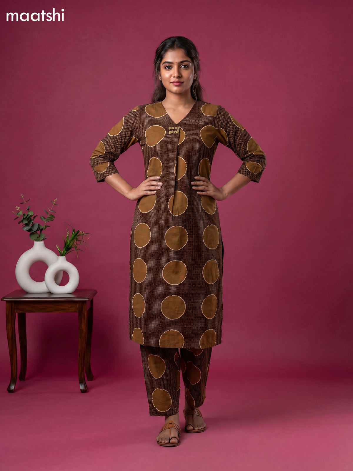 Deep Coffee Brown Cotton Printed Co-Ord Set
