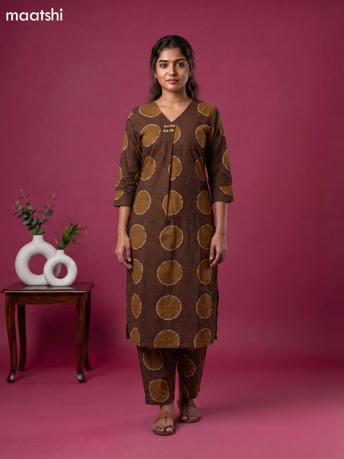 Deep Coffee Brown Cotton Printed Co-Ord Set